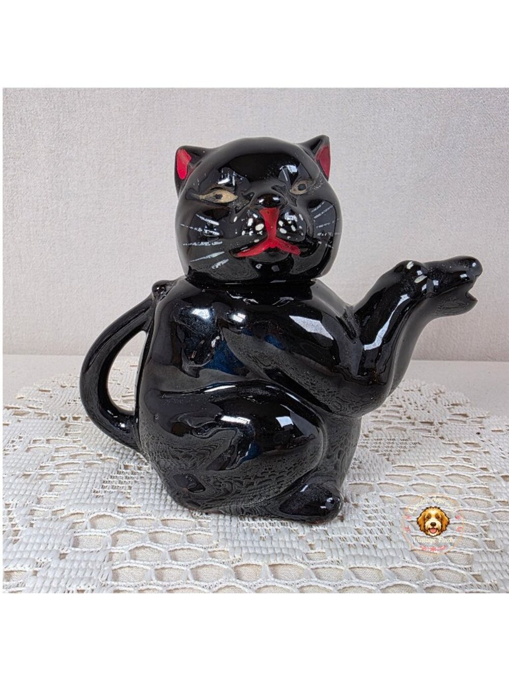 Vintage Shafford Redware Black Cat Teapot With Red & White Painted Details - 5"